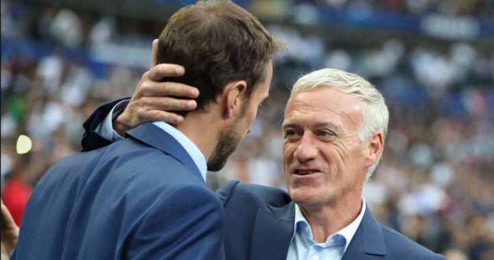 England coach Gareth Southgate with French counterpart Didier Deschamps during the EURO 2024 finalists' workshop in Düsseldorf