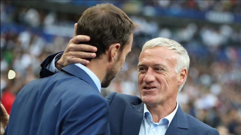 England coach Gareth Southgate with French counterpart Didier Deschamps during the EURO 2024 finalists' workshop in Düsseldorf